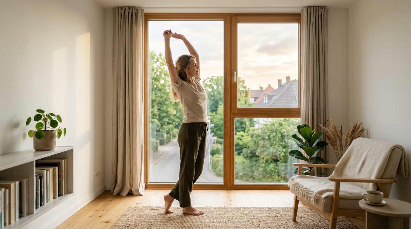 Ranné protahovanie pri okne s prirodzeným svetlom