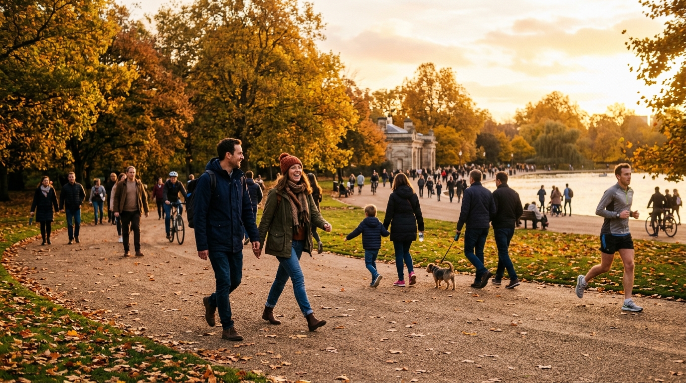 Ľudia na prechádzke v parku pri západe slnka