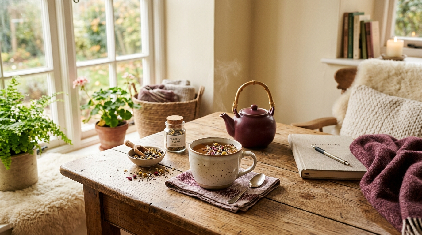 Pokojné prostredie s bylinkovým čajom a teplým svetlom